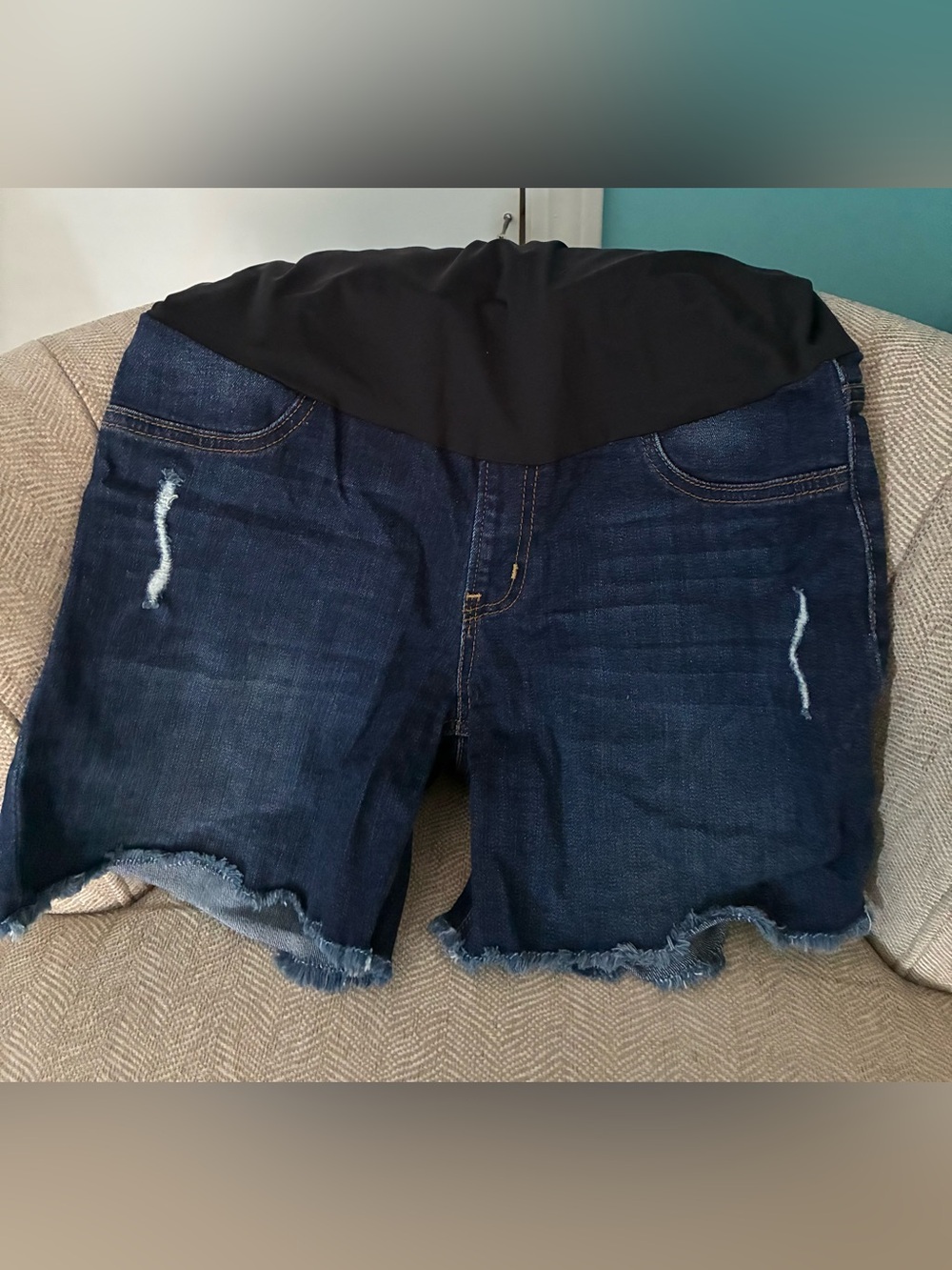 Dark Wash Maternity Denim Shorts with Black Stretch Panel